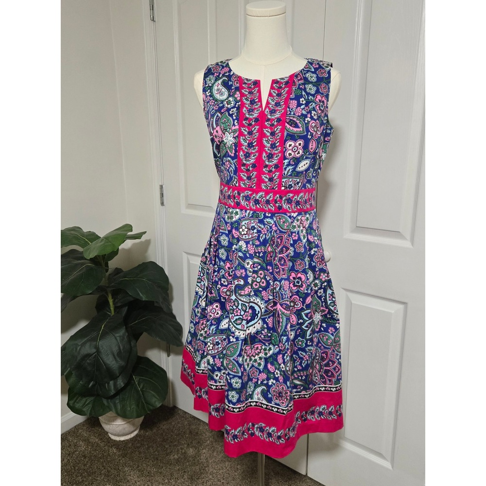 Talbots Paisley Floral Dress Womens 2P Blue Pink Sleeveless Fit Flare Pockets